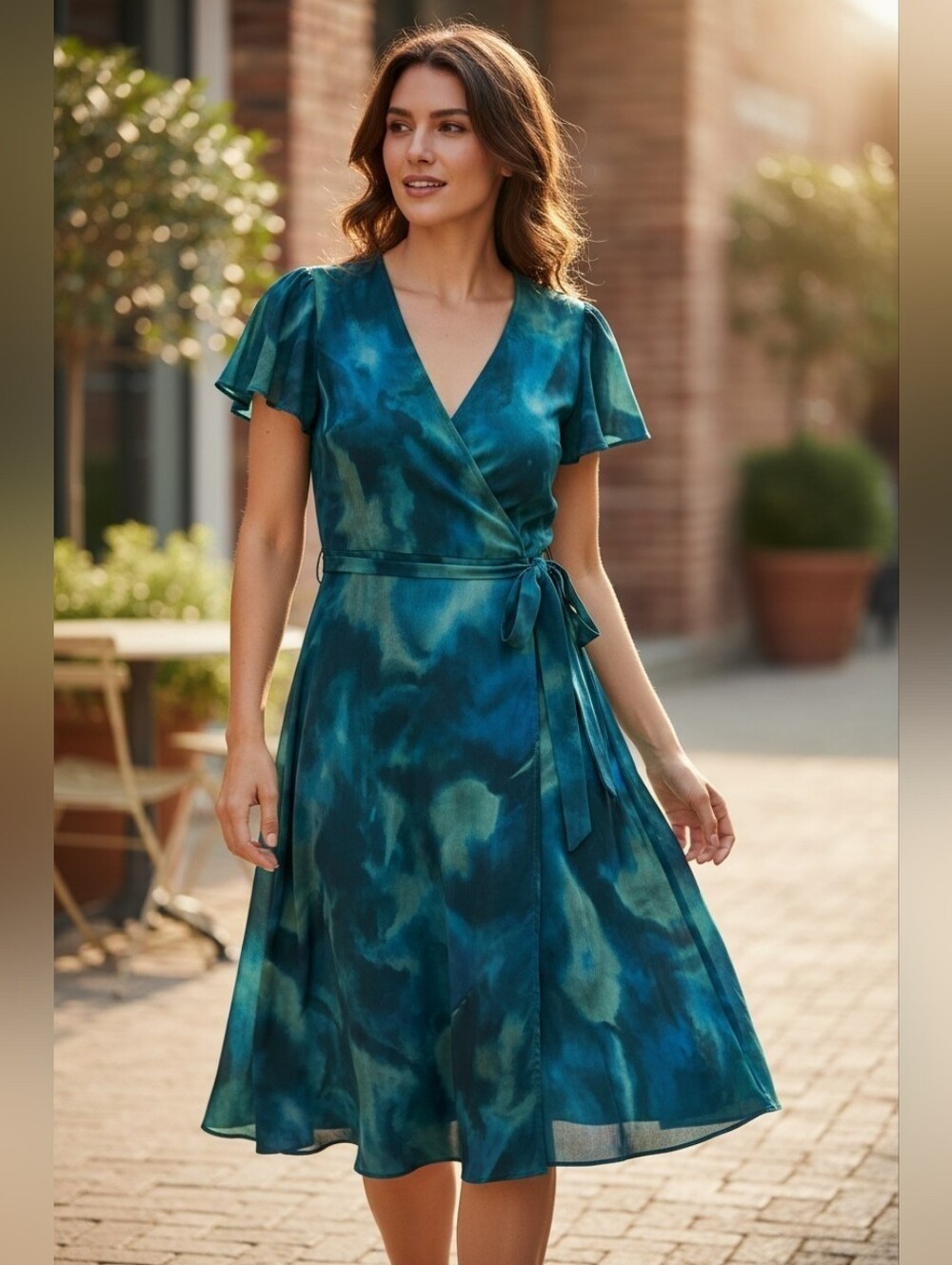 SUD Express Paris Teal and Navy Flutter Midi Dress Sz L